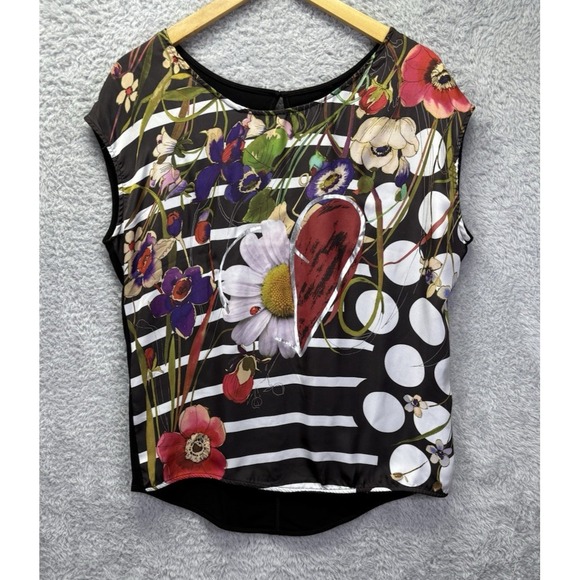 Desigual Sleeveless Top Black Floral Key Hole Heart Boho L / XL see measurement - Picture 1 of 7